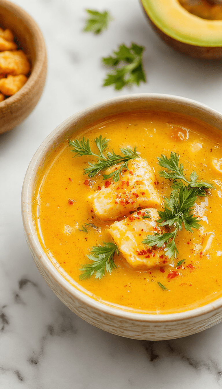 A vibrant bowl of golden turmeric chicken soup garnished with fresh herbs and sliced lemon, steam rising gently, placed on a rustic wooden table with leafy greens nearby