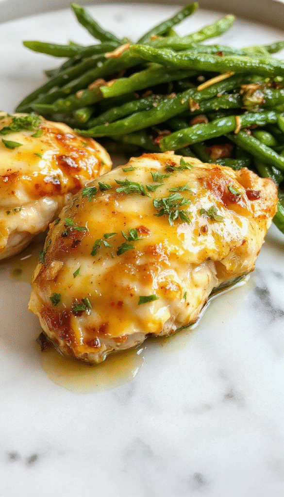 Colorful plate featuring golden-brown chicken thighs topped with fresh lemon slices and chopped parsley, alongside vibrant green beans sautéed to perfection, with a drizzle of lemon garlic butter sauce, styled on a rustic white plate with a lemon wedge and garlic cloves in the background.