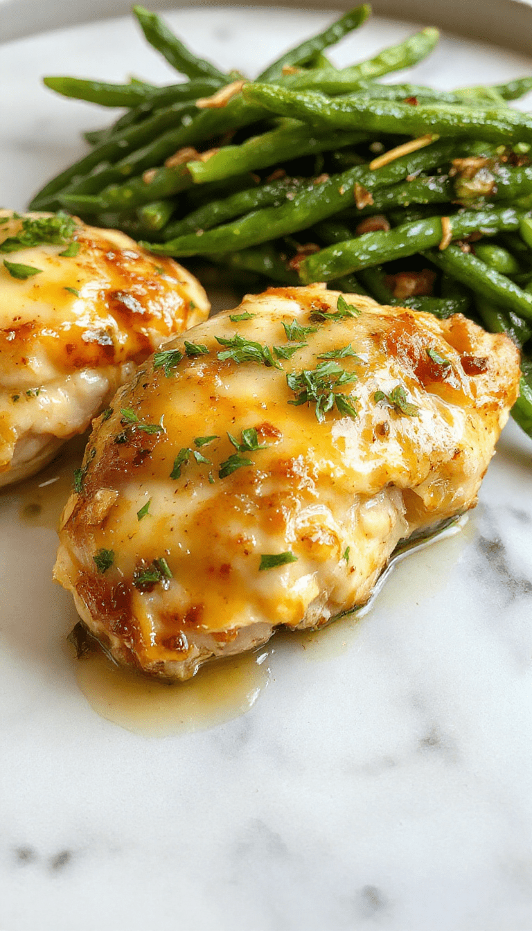Colorful plate featuring golden-brown chicken thighs topped with fresh lemon slices and chopped parsley, alongside vibrant green beans sautéed to perfection, with a drizzle of lemon garlic butter sauce, styled on a rustic white plate with a lemon wedge and garlic cloves in the background.