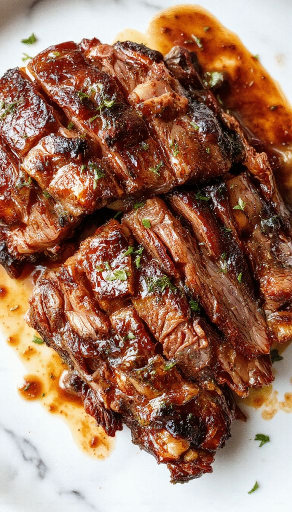 A mouth-watering slow cooker pot roast sitting on a rustic wooden table, surrounded by fresh carrots, potatoes, and aromatic herbs. The tender beef is beautifully shredded, with rich gravy glistening over the vegetables, all plated on a white ceramic dish with a side of crispy bread.