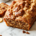 A golden-brown banana bread loaf sits on a rustic wooden plate, sliced open to reveal moist, crumbly texture with ripe banana chunks visible, garnished with a sprinkle of crushed nuts and a swirl of honey on top, styled with a soft background of baking ingredients and a checkered cloth.