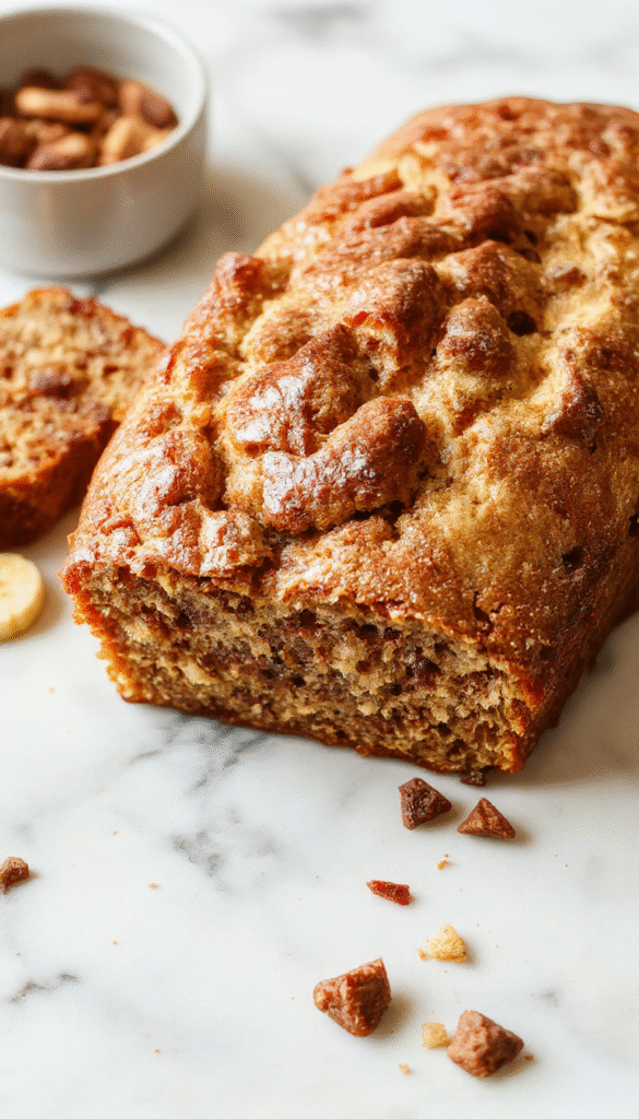 A golden-brown banana bread loaf sits on a rustic wooden plate, sliced open to reveal moist, crumbly texture with ripe banana chunks visible, garnished with a sprinkle of crushed nuts and a swirl of honey on top, styled with a soft background of baking ingredients and a checkered cloth.