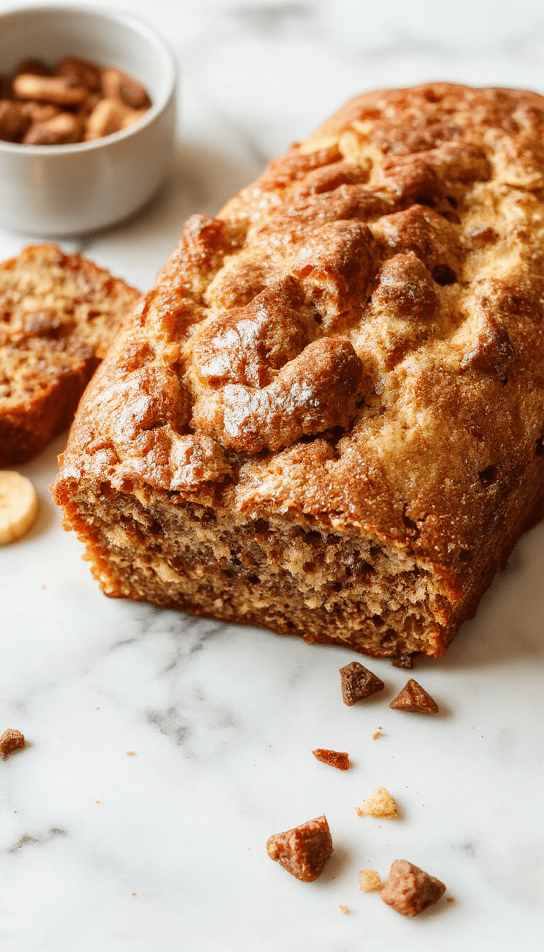 A golden-brown banana bread loaf sits on a rustic wooden plate, sliced open to reveal moist, crumbly texture with ripe banana chunks visible, garnished with a sprinkle of crushed nuts and a swirl of honey on top, styled with a soft background of baking ingredients and a checkered cloth.
